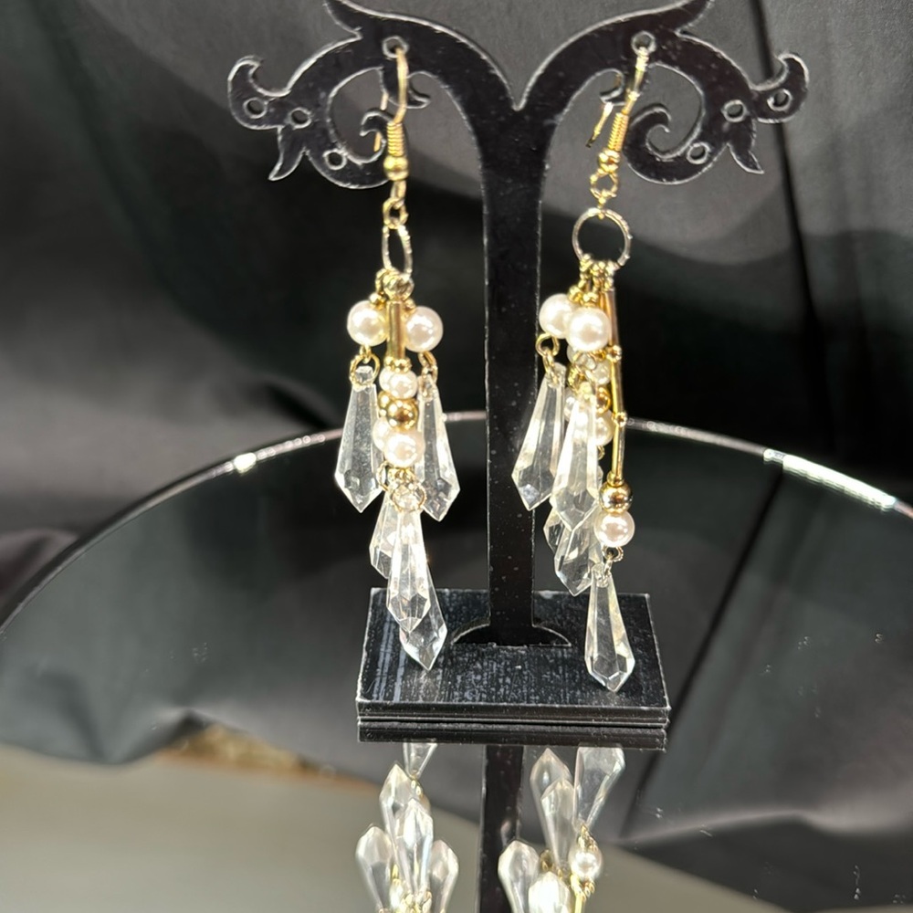 Multi layer drop dangle pierced Earring pearls and crystals with gold hardware